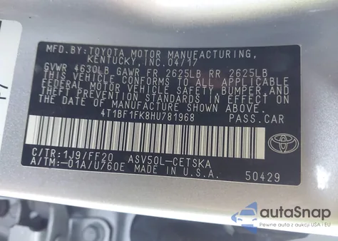2017 Toyota Camry Se from USA, damaged, VIN 4T1BF1FK8HU781968